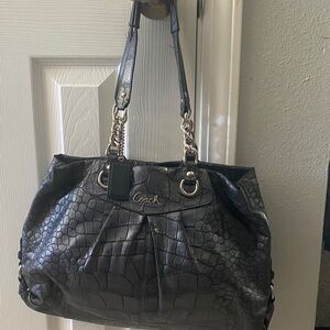 Coach Black Croc-Embossed Leather Tote with Chain-Link Straps